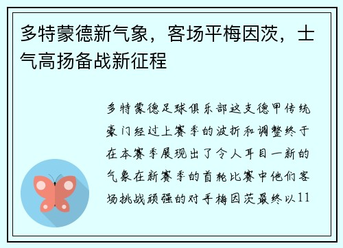 多特蒙德新气象，客场平梅因茨，士气高扬备战新征程