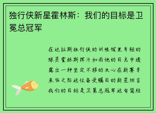 独行侠新星霍林斯：我们的目标是卫冕总冠军